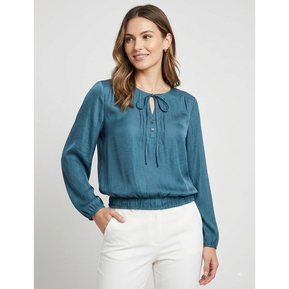 Calvin Klein Jeans Peasant Blouse XL Teal Blue Tie Neck Elastic Hem Polyester.